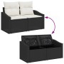 vidaXL Garten-Sofa-Set, 7-teilig, schwarz, Poly Rattan, mit Stauraum und cremefarbenen Kissen.