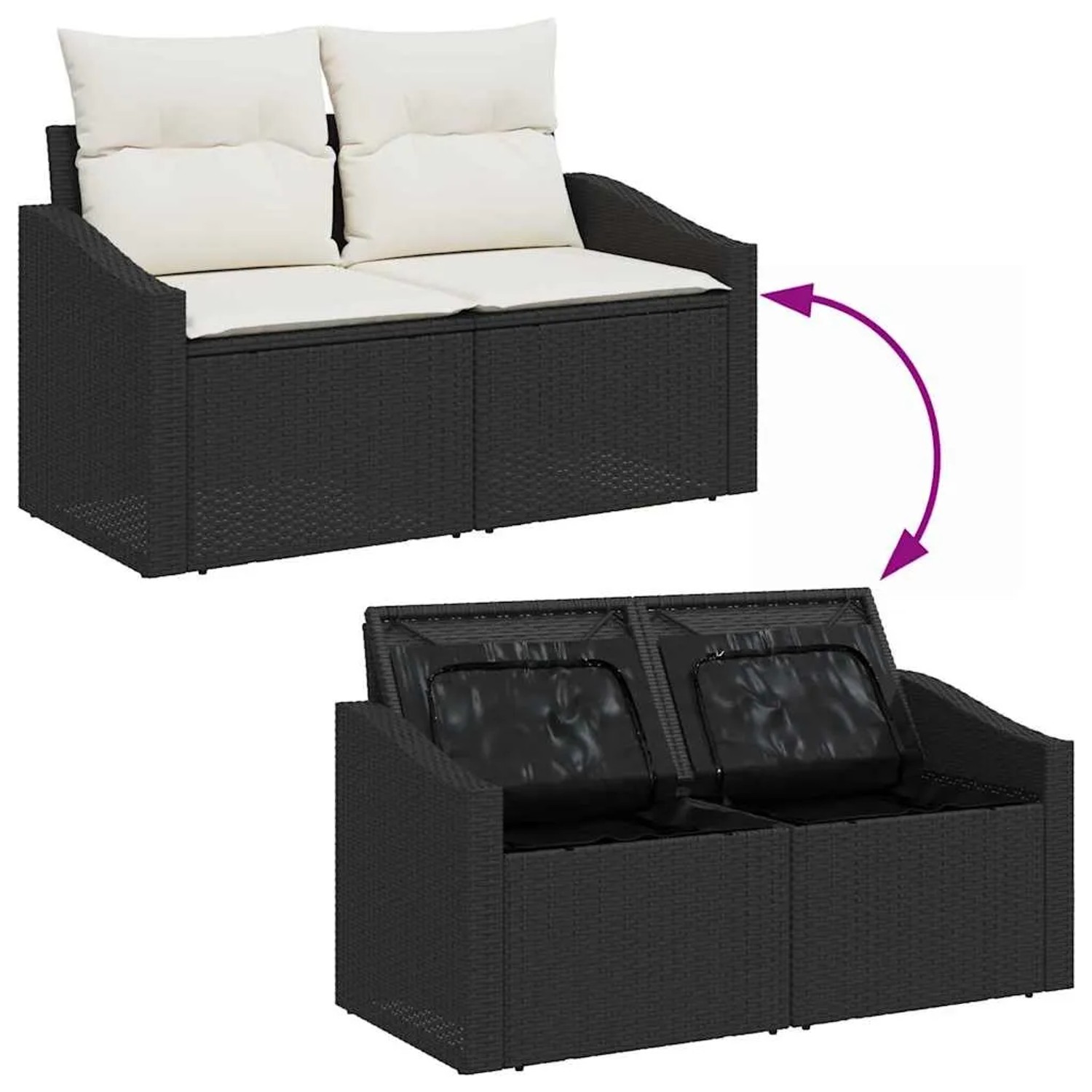 vidaXL Garten-Sofa-Set, 7-teilig, schwarz, Poly Rattan, mit Stauraum und cremefarbenen Kissen.