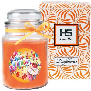 HS Candle Duftkerze im Glas mit "Happy Birthday" Motiv, Honigmelone & Orange Duft.