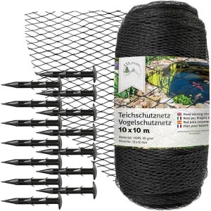 Anthrazitfarbenes Teichschutznetz 10x10m mit Heringen, Vogelschutznetz für Gartenteiche.