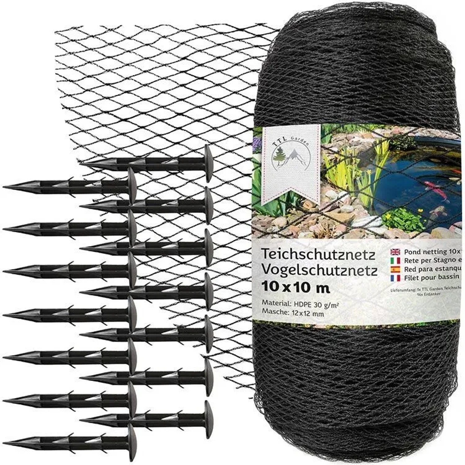 TTL GARDEN Teichschutznetz 10x10m 12x12mm 30g/m² Anthrazit Vogelschutznetz Teichnetz Laubnetz Gartennetz aus HDPE