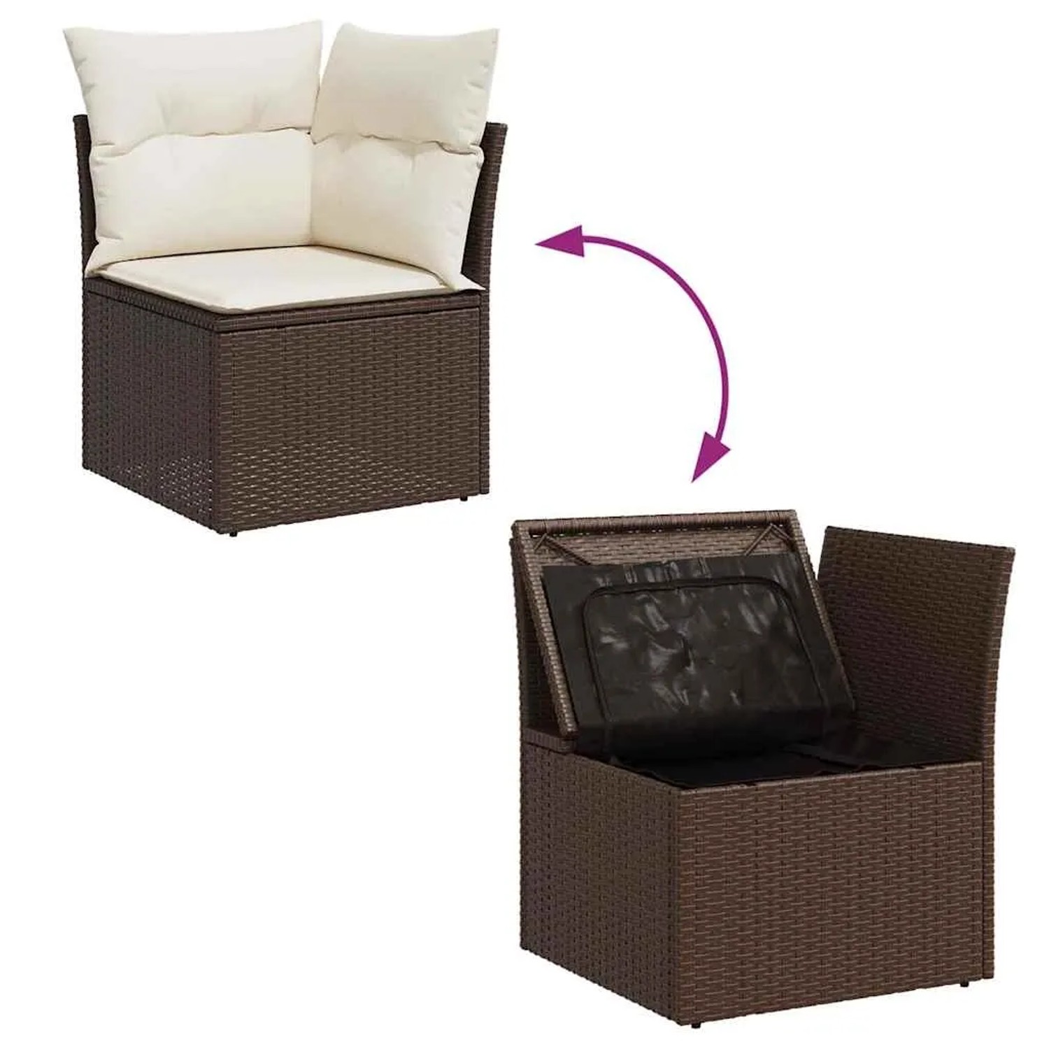 Braune 7-tlg. vidaXL Garten-Sofagarnitur aus Rattan mit cremeweißen Kissen und Stauraum.