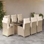 9-teilige Garten Essgruppe aus Poly Rattan in Beige mit Kissen.