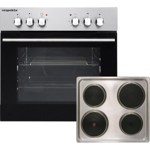 Respekta Einbau-Herdset Leandro Edelstahl mit Backofen und Kochfeld mit vier Kochplatten.