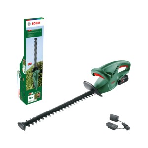 Bosch Akku-Heckenschere EasyHedgeCut 18V grün-schwarz mit Akku, Ladegerät und Verpackung.