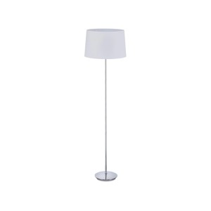 Weiße Relaxdays Stehlampe mit rundem Stoffschirm und glänzendem Chromfuß für Wohnzimmer und Schlafzimmer.