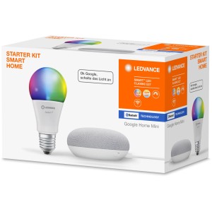 Ledvance Google Home Mini Starter-Set mit RGBW Lampe und Smart Speaker.