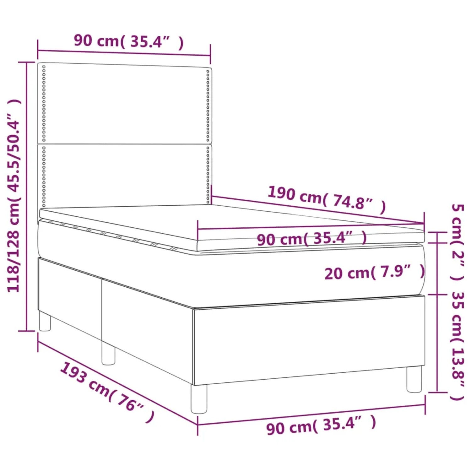 vidaXL Boxspringbett Taupe, 90x190 cm, Stoffbett mit Matratze und Kopfteil, Maße sind eingezeichnet.