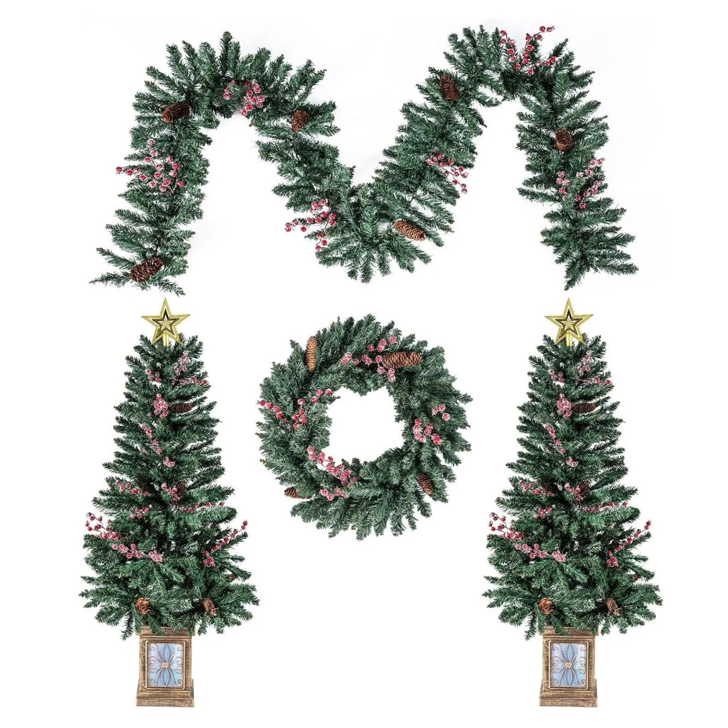 Costway Topf 2er Set 120 cm Mini Tannenbaum mit Weihnachtsgirlande
