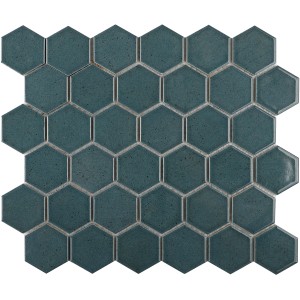 Mosaikmatte Castello Hexagon in Dunkelblau: Keramikfliesen für Wandgestaltung im Innenbereich.