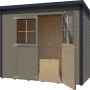 Offenes, beige-graues Bertilo Gerätehaus Castano 2 aus Holz mit Doppeltür und Fenster.