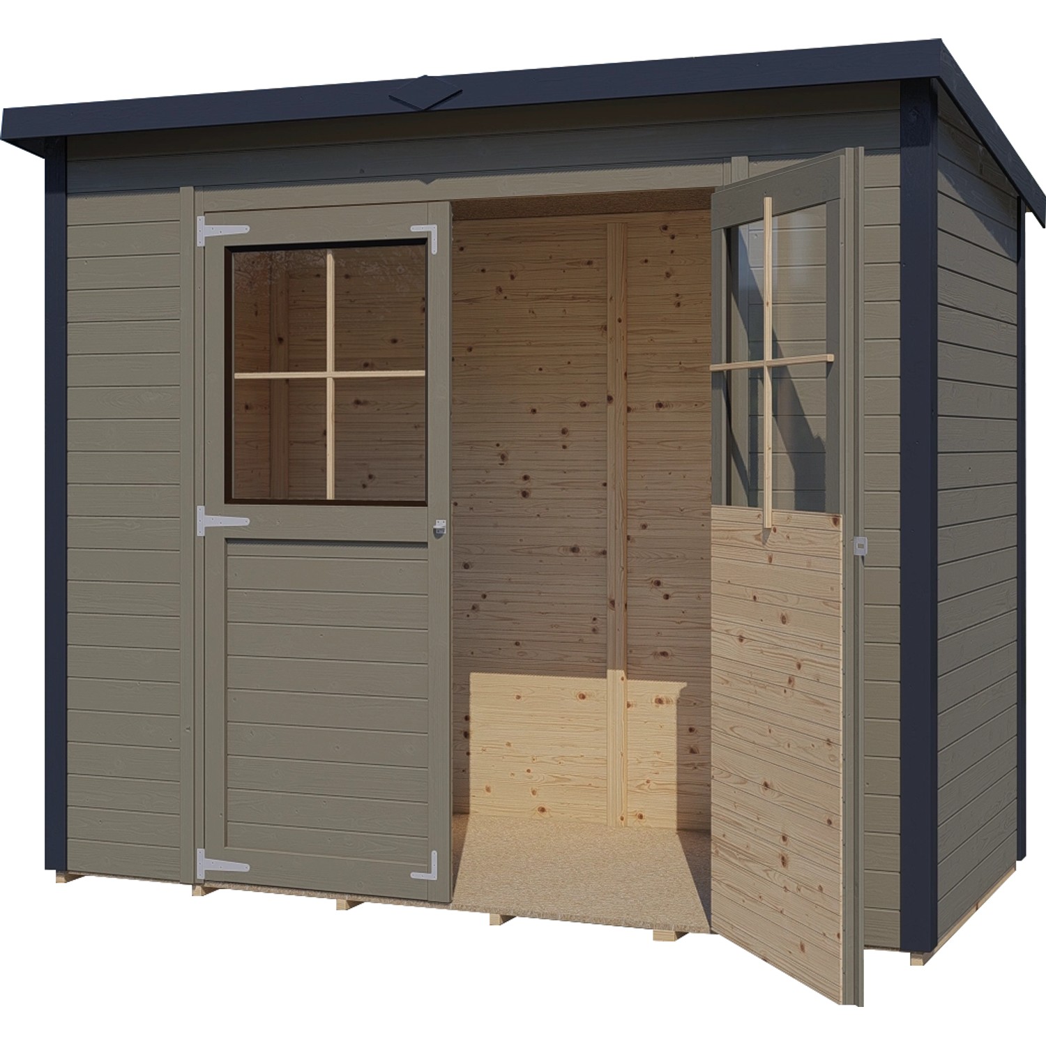 Offenes, beige-graues Bertilo Gerätehaus Castano 2 aus Holz mit Doppeltür und Fenster.