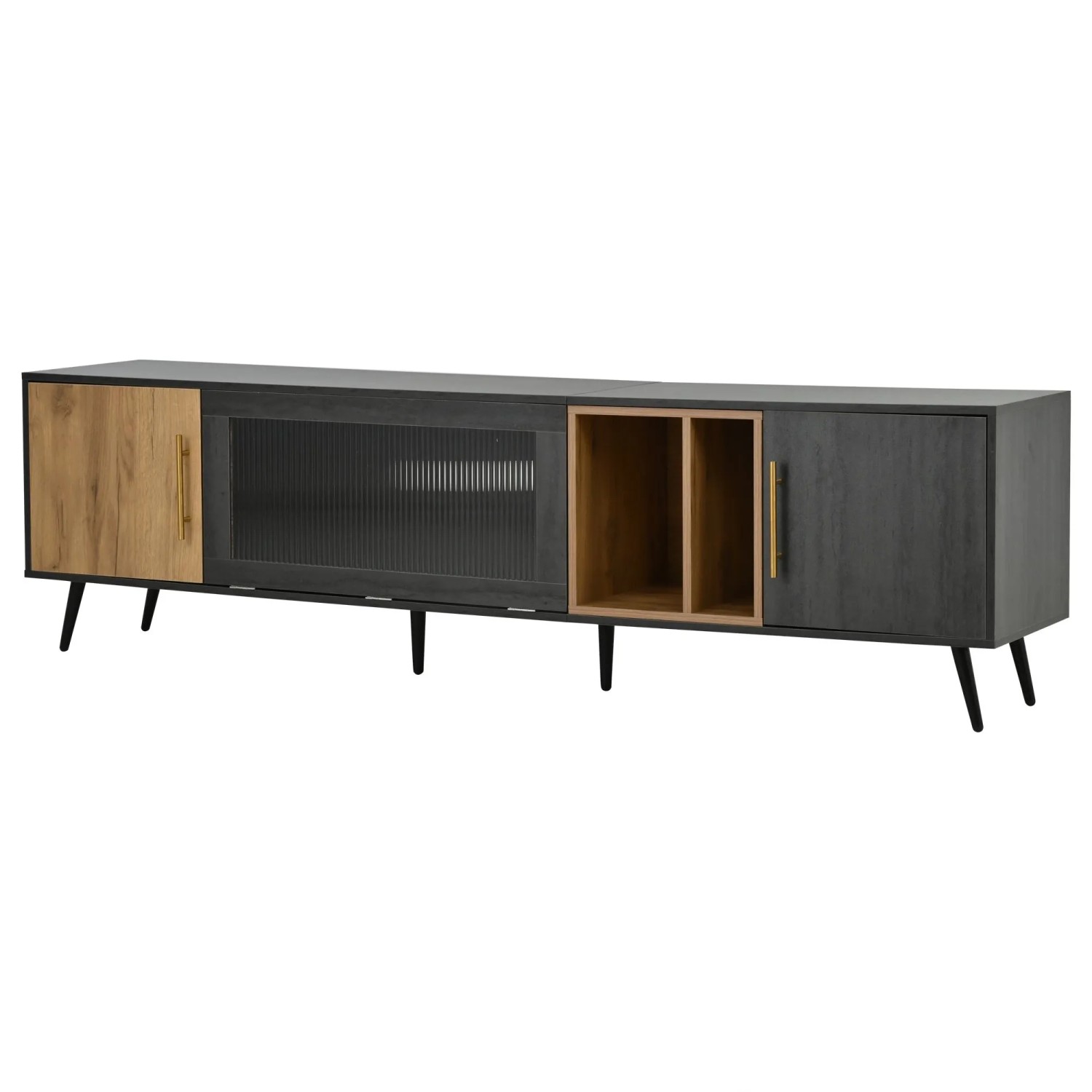 okwish TV Schrank mit Stauraum Holzmaserung 200x40x55.5cm Dunkelholz Grau