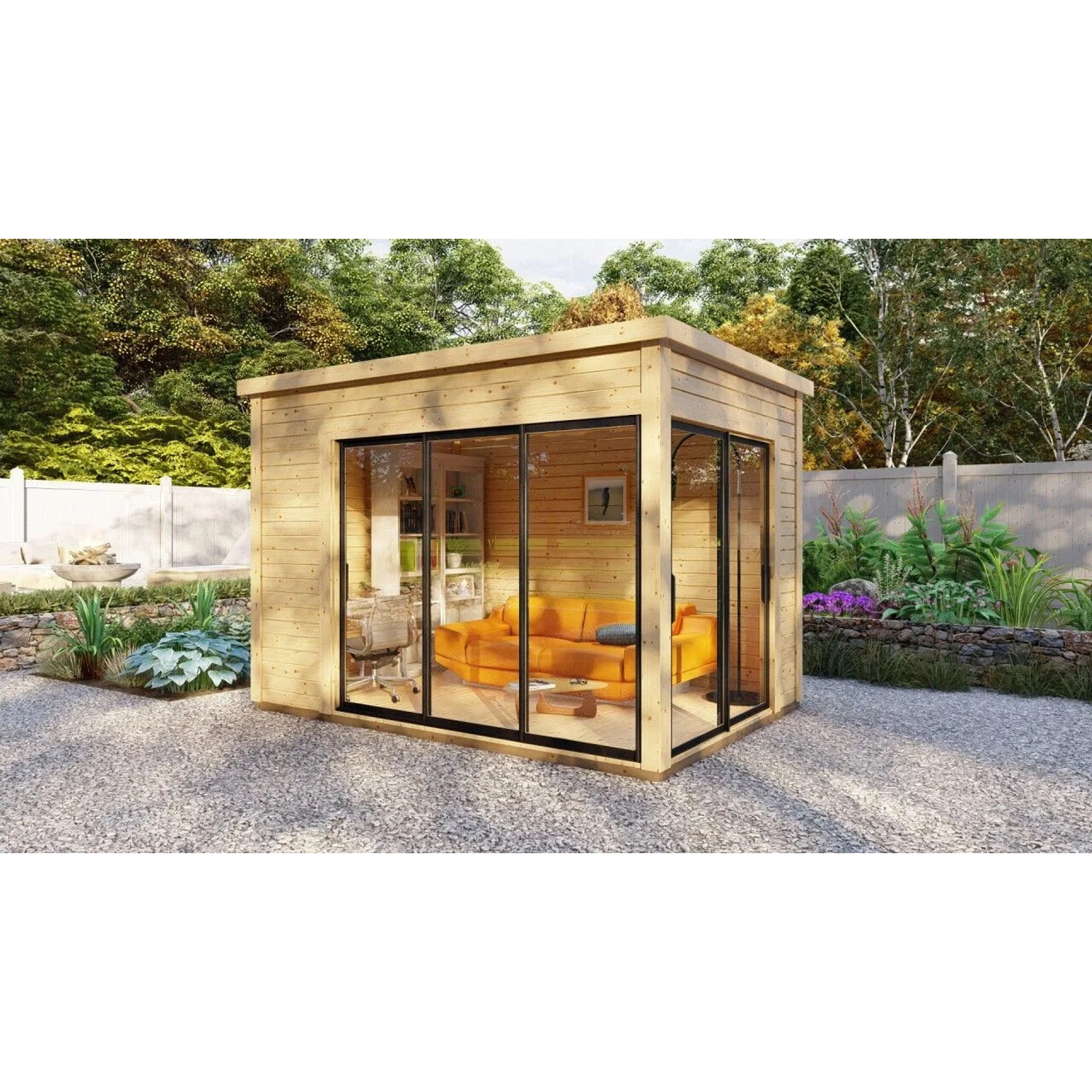 Finn Art Blockhaus 45mm Flachdach Holz-Gartenhaus 360x250 cm Sydney 30 mit Schiebetür und 18mm Fußboden