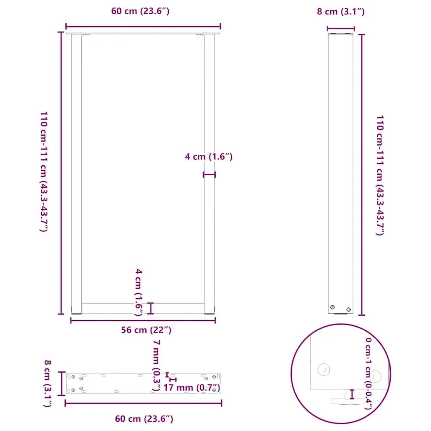 Maßzeichnung der vidaXL Bartischbeine U-Form aus Stahl. Zeigt Abmessungen 60x110-111 cm und Details der Möbelbeine.
