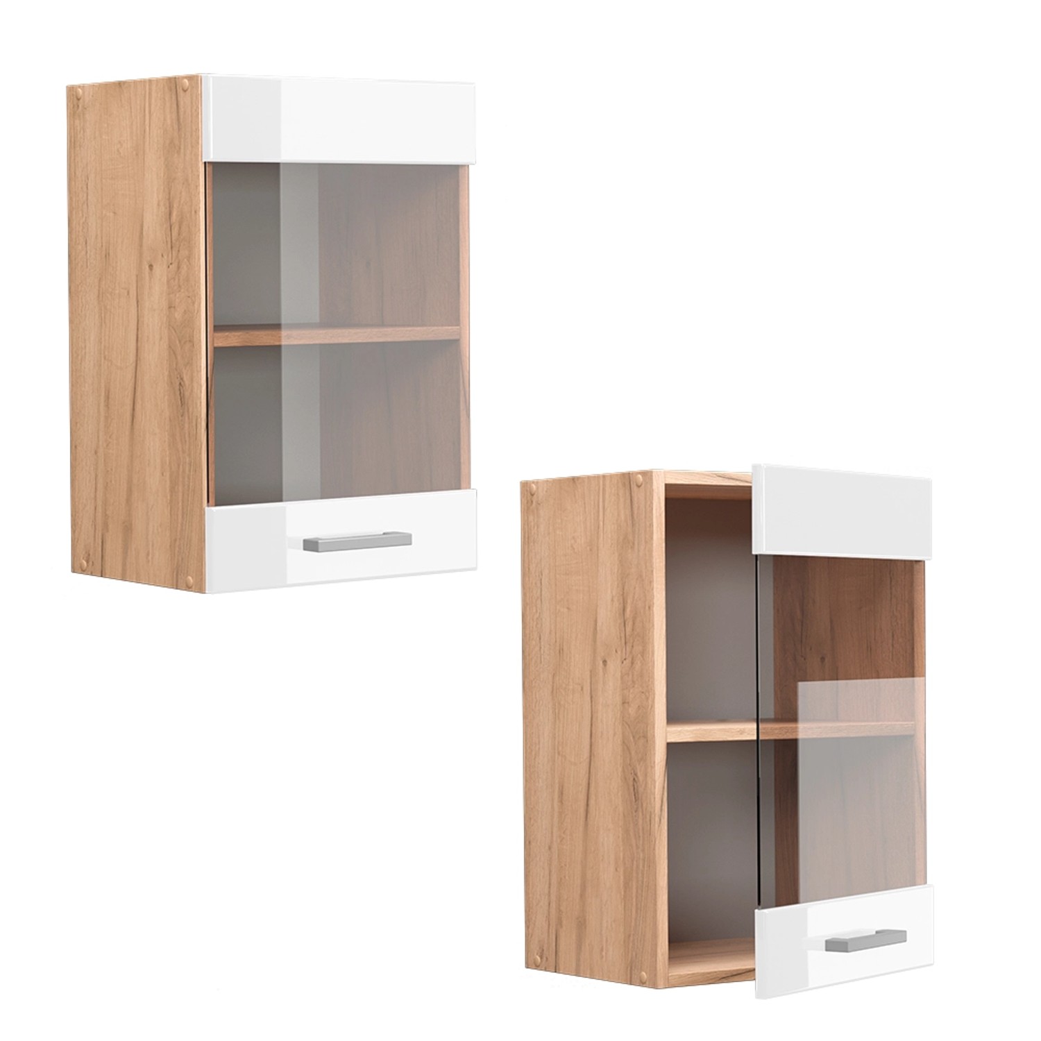 Vicco Küchen Glashängeschrank R-Line, Weiß Hochglanz/Goldkraft Eiche, 40 cm breit.