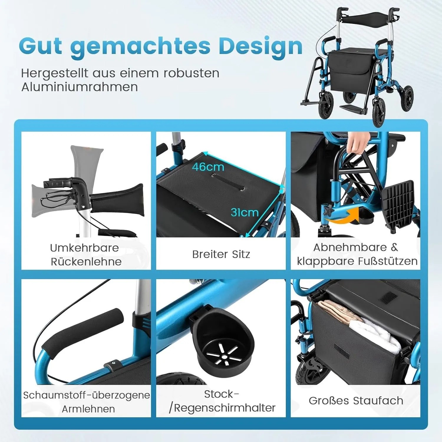 Costway Rollator mit Luftbereifung 2-In-1 Rollstuhl Bis 140 kg Blau_5