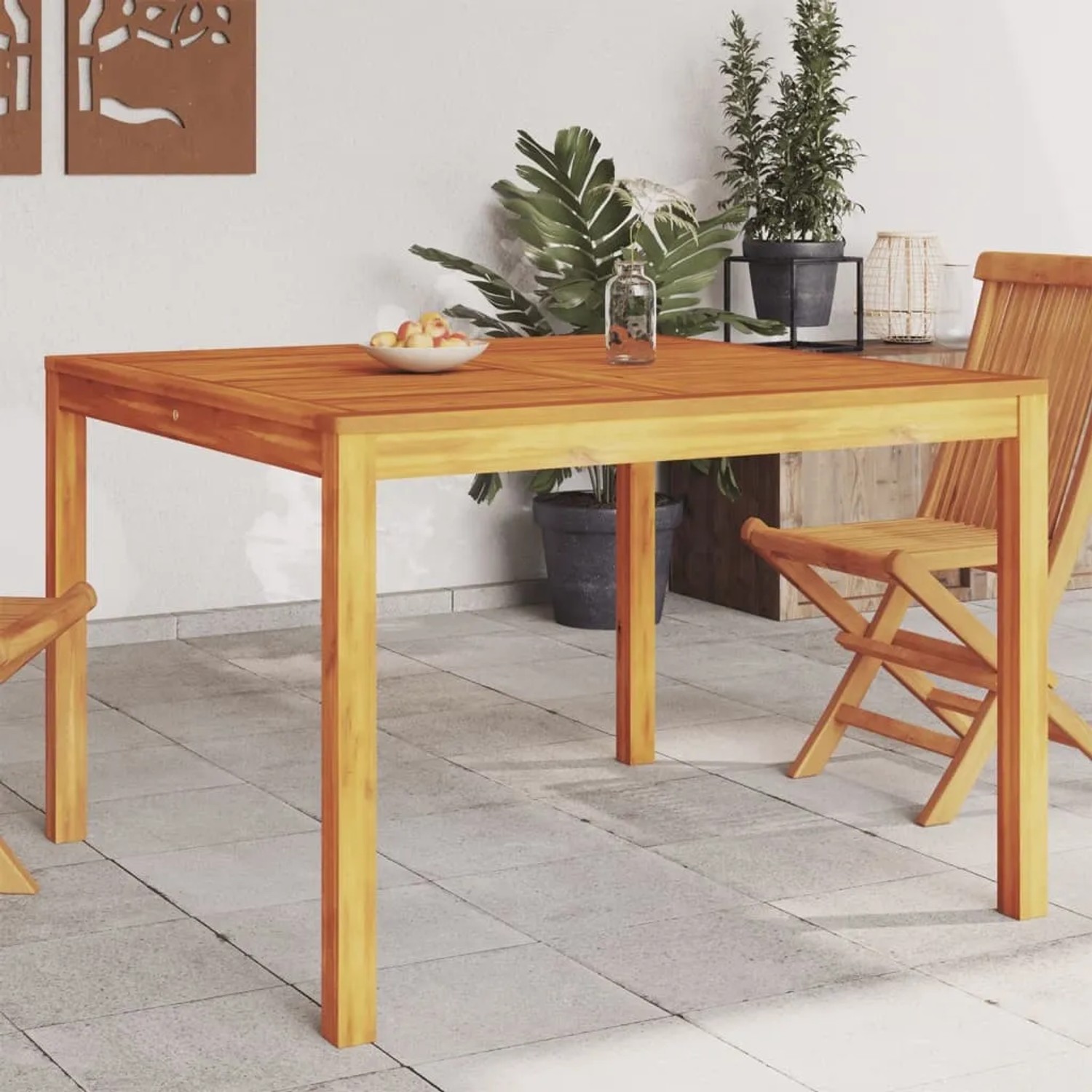 Quadratischer Garten-Esstisch aus Akazienholz, 110x110 cm. Ideal für Garten, Terrasse oder Balkon.