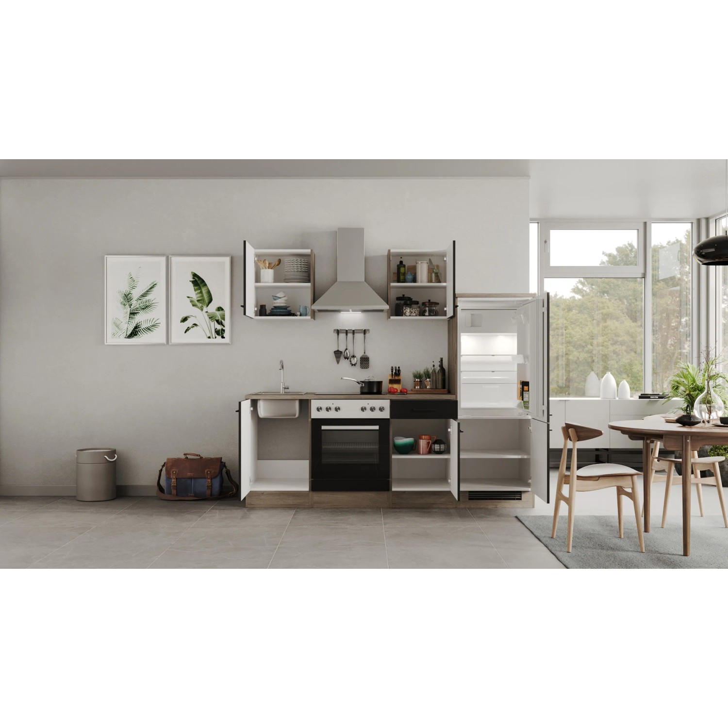 Flex-Well Küchenzeile Capri, 220 cm, Schwarz Matt und Endgrain Oak Dekor mit E-Geräten.