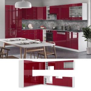 Vicco Fame-Line Eckküche in Bordeaux Hochglanz/Weiß mit anthrazitfarbener Arbeitsplatte.