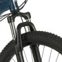 Detailaufnahme: Aquamarinblaues Prophete Mountainbike Dice 100 mit Federgabel und MTB-Reifen.
