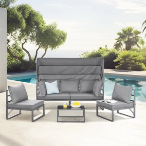 Hellgraues Svita Maui Gartenmöbel Lounge Set mit Dach, bestehend aus Sofa, Sesseln und Tisch.