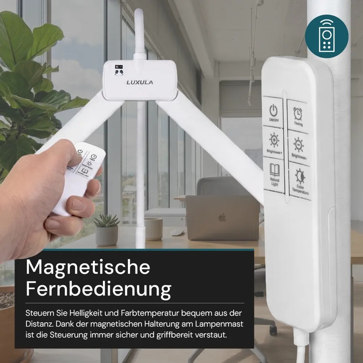 Weiße LUXULA LED Schreibtischlampe mit Fernbedienung zur Steuerung von Helligkeit und Farbtemperatur.