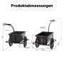 Schwarzer Wiltec Fahrrad Lastenanhänger mit 90L Wanne, Stahlrahmen und 16-Zoll-Reifen. Produktabmessungen sichtbar.