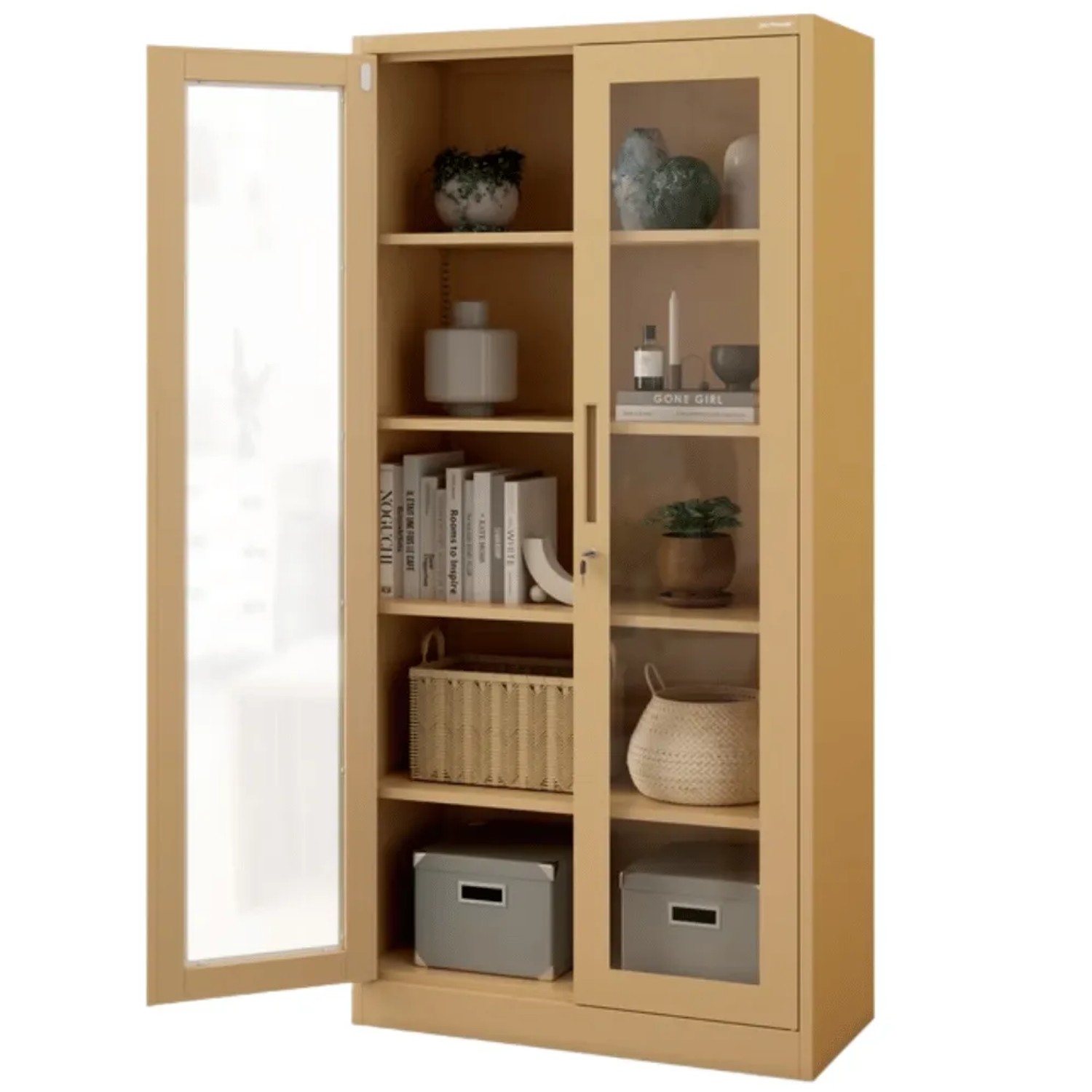 JAN NOWAK Vitrinenschrank Abschließbar AMELIA mit Glastüren 185 x 90 x 40 cm Beige