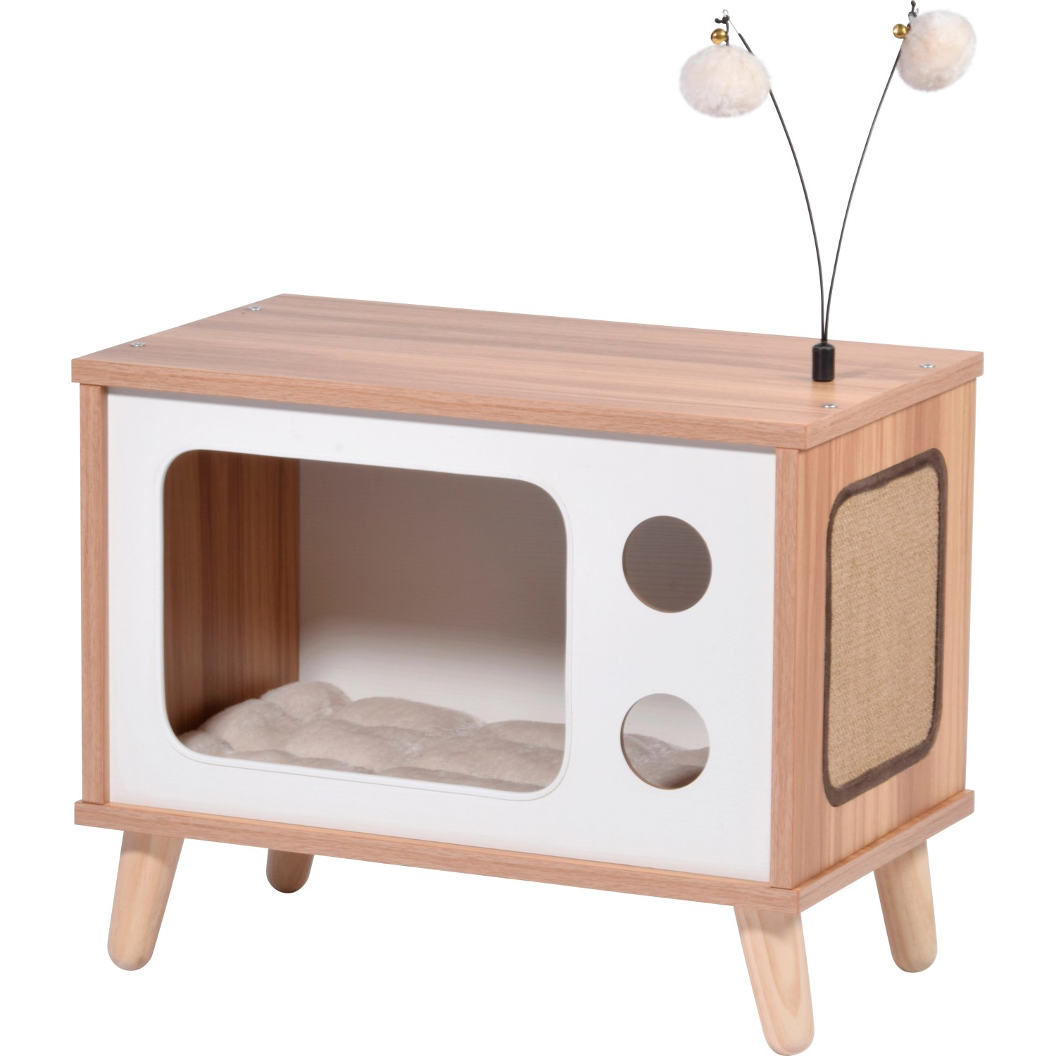 Dobar Katzenhöhle TV-Design mit Spielbällen 50 x 29 x 40 cm Holz,Braun-Weiß FSC®