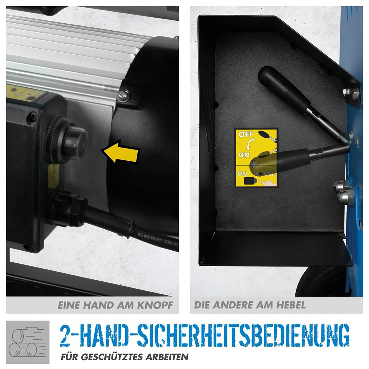 Detailaufnahme: 2-Hand-Sicherheitsbedienung des Güde Holzspalter GHS 500/6,5TE.