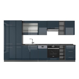 Moderne, dunkelblaue Vicco Fame-Line Küchenzeile (355 cm) mit Hochglanzfronten und anthrazitfarbenem Korpus.