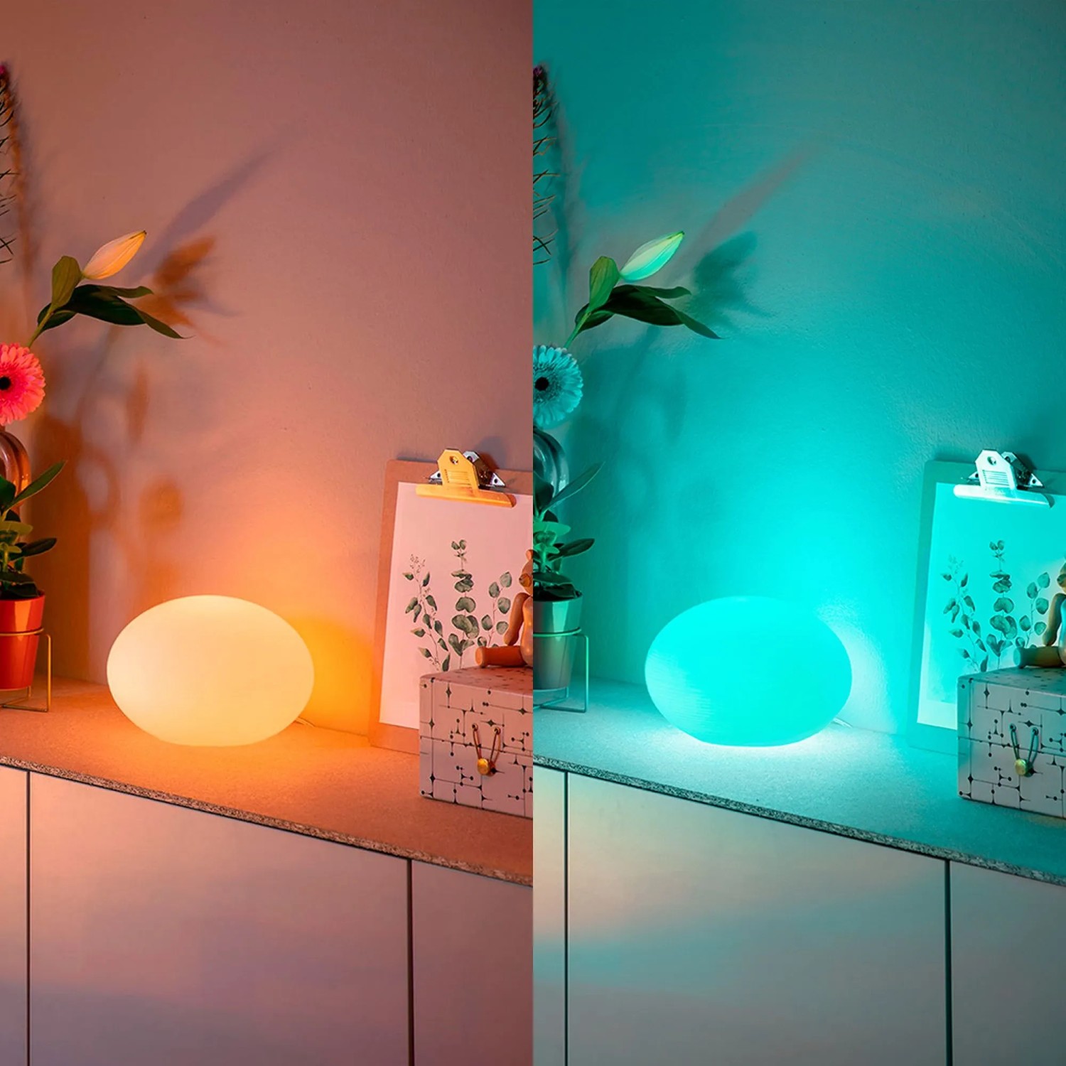 Philips Hue Flourish Tischleuchte mit Farbwechsel, warmweiß bis kaltweiß und farbiges Licht.