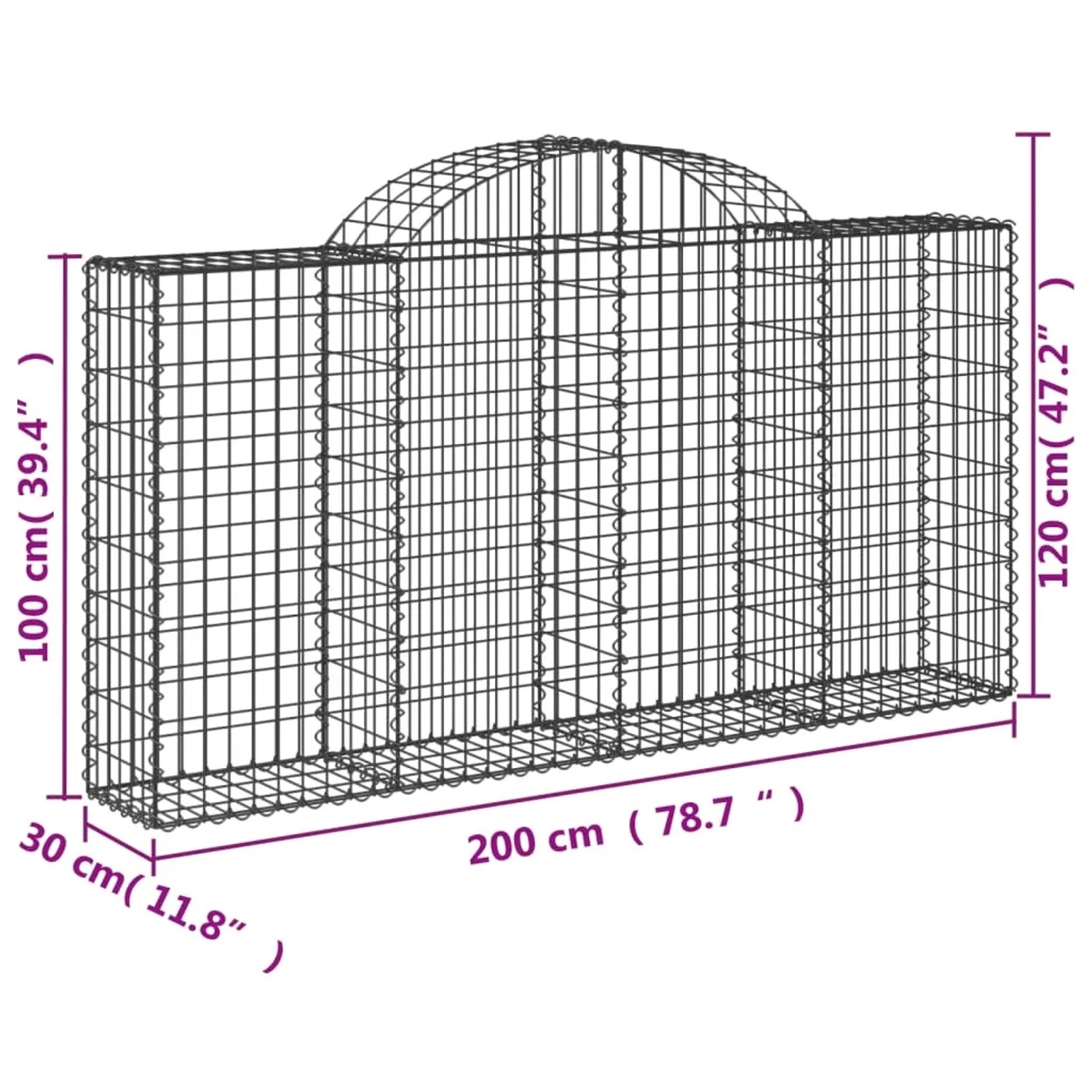Set aus 7 Gabionen mit Hochbogen, 200x30x100/120cm, aus verzinktem Eisen für Hochbeete.