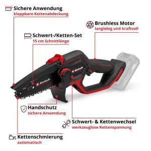 Einhell Akku-Astkettensäge GP-PS 18/20 Li BL-Solo: Kompakte Kettensäge für Gartenarbeiten.