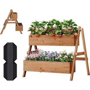 WOLTU Hochbeet mit 2 Blumenkästen aus Holz, braune Blumentreppe mit Erdbeeren und Blumen.