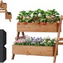 WOLTU Hochbeet mit 2 Blumenkästen aus Holz, braune Blumentreppe mit Erdbeeren und Blumen.