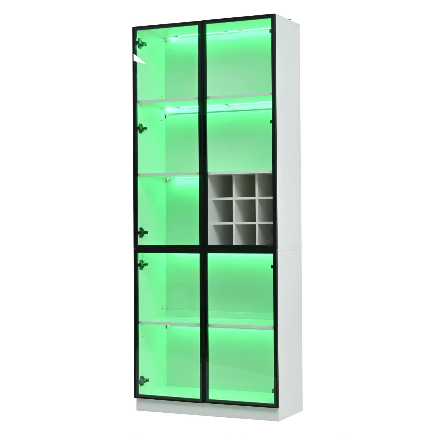 okwish Vitrine mit Glastüren LED Beleuchtung Wohnzimmer 80x35x200cm Weiß