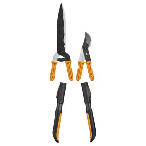 Fiskars OneClick Heckenscheren- & Astscheren-Set mit orange-schwarzen Griffen.