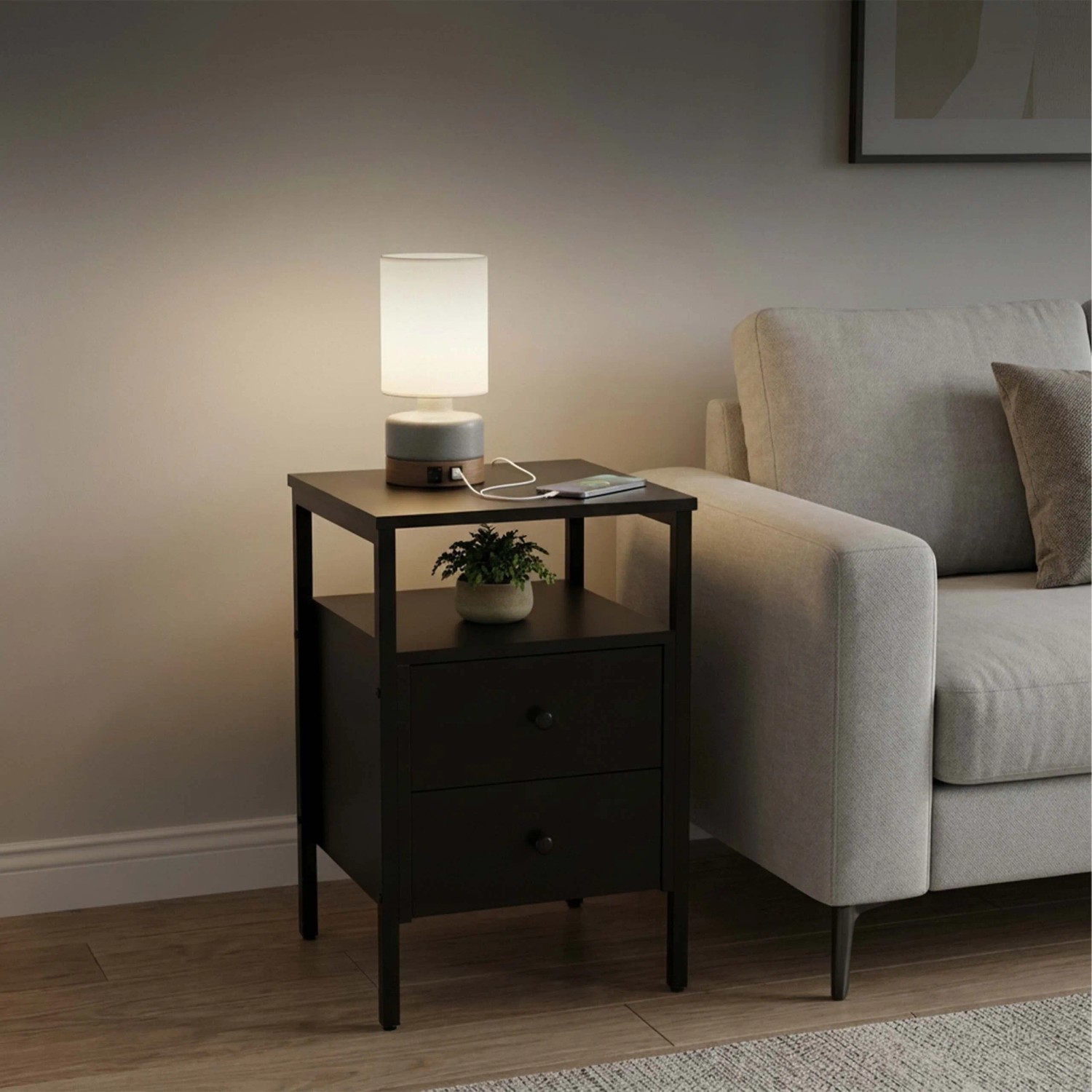 Relaxdays Nachttisch MDF Stahl Schwarz mit 2 Schubladen Höhenverstellbar 61 cm x 40 cm x 40 cm_5