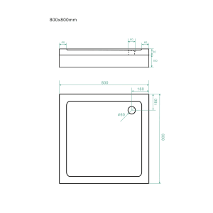 Technische Zeichnung einer quadratischen Duschwanne 80x80 cm mit Maßangaben.