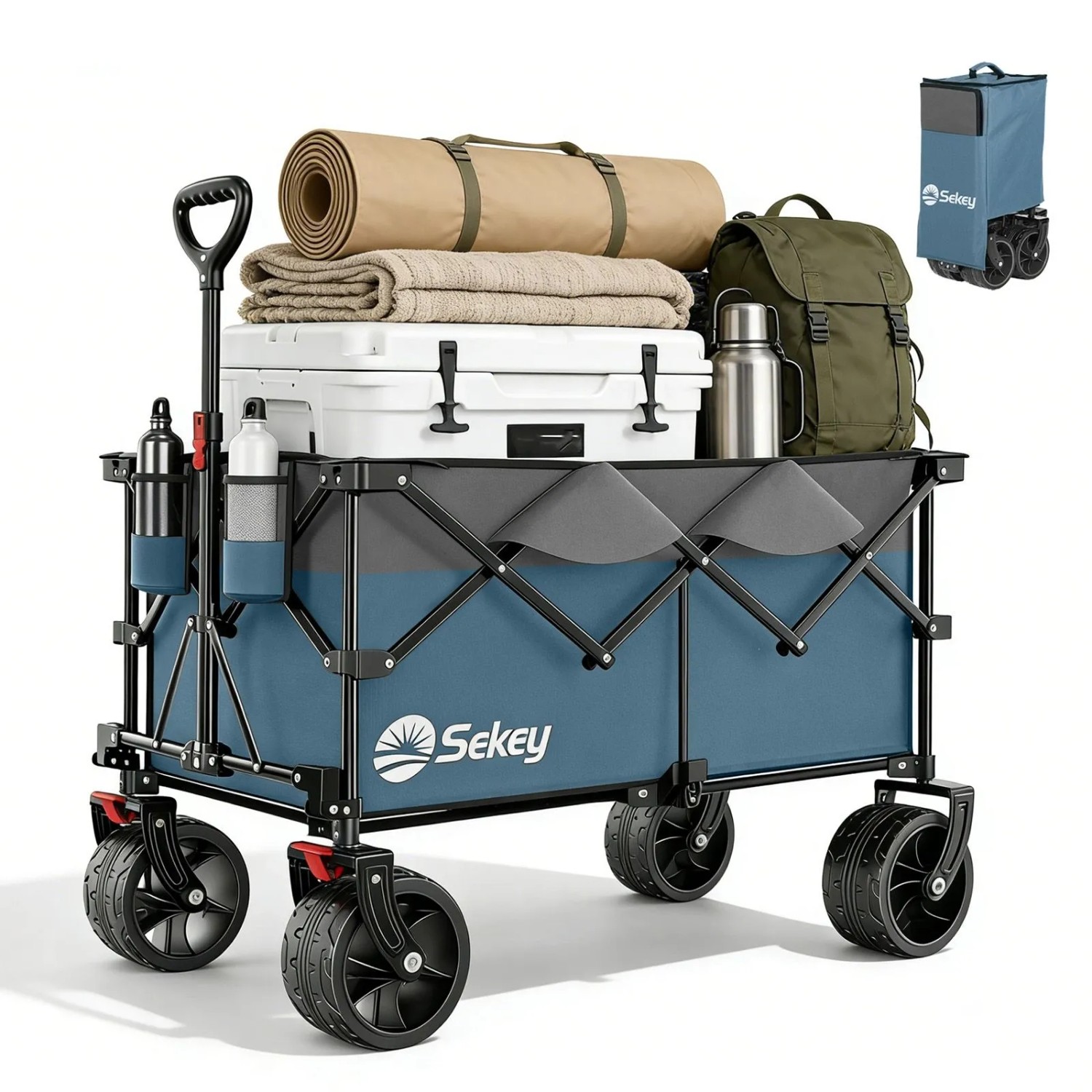 Sekey XXL Plus Bollerwagen Faltbar mit Breiten All-Terrain-Rädern 200KG 200L Blau