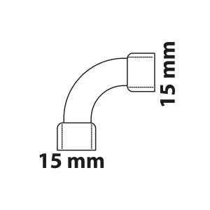 Abbildung eines blanken 90° Kirchhoff Winkel, 15 mm, mit zwei Muffen für Lötfittings.