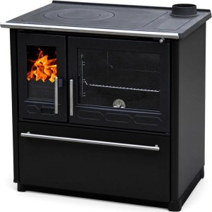 Schwarzer Plamen Küchenofen Holzherd 850 mit Glas, Pizza im Ofen und Topf auf der Herdplatte.