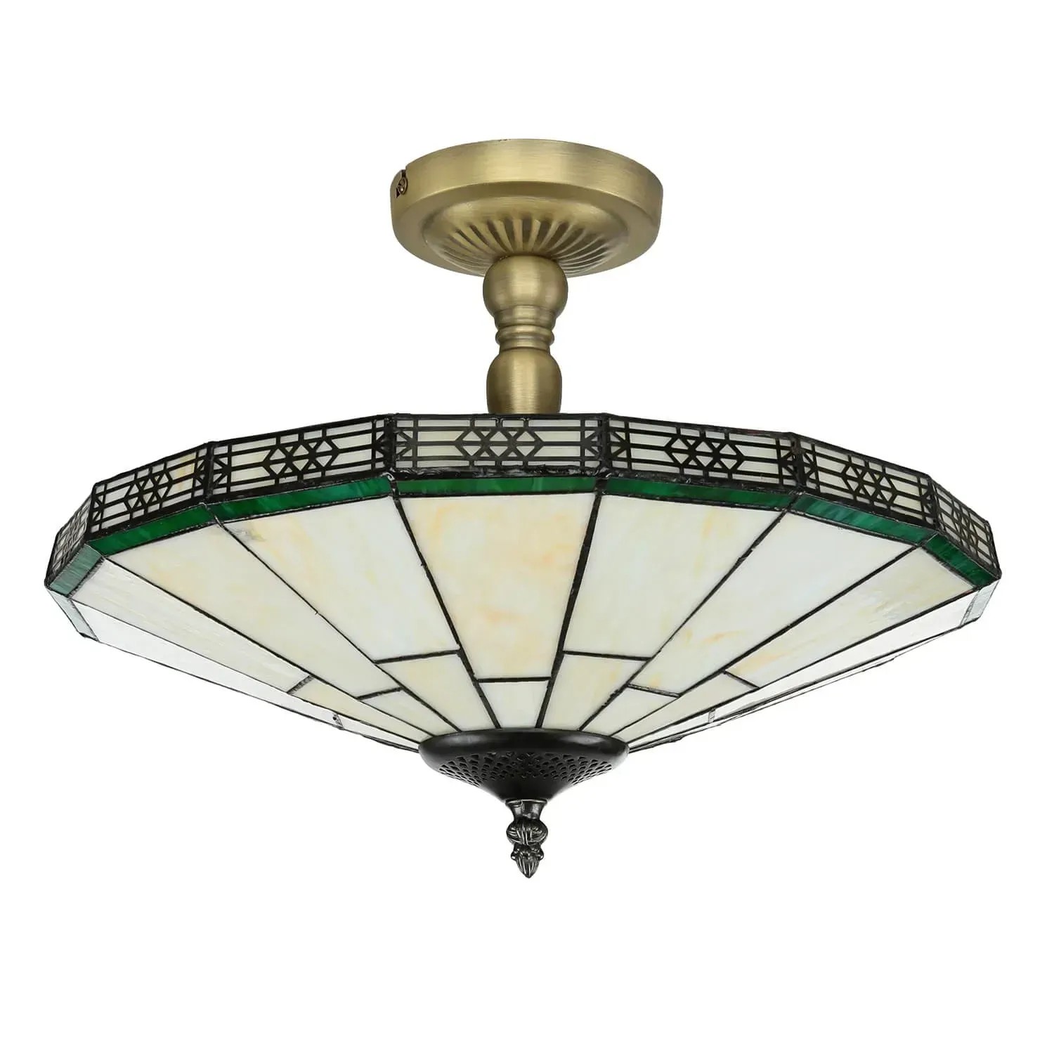 Deckenleuchte im Tiffany-Stil mit Buntglas in Weiß und Grün, 2x E14 Fassung.