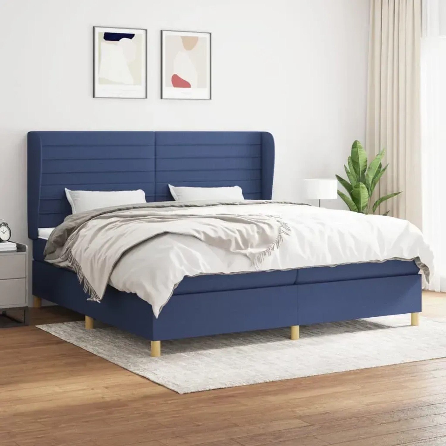Blaues vidaXL Boxspringbett 200x200 cm mit Matratze und hohem Kopfteil.