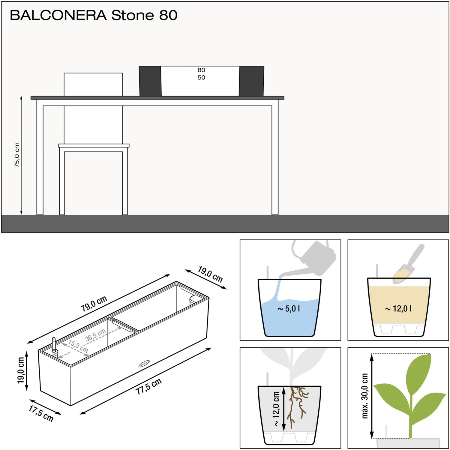 Lechuza Balconera Stone 80, graphitschwarzer Blumenkasten mit Maßen und Füllmengen.