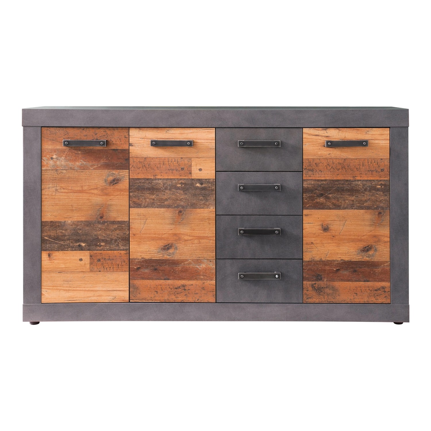 ebuy24 Indy Kommode 3 Türen 4 Schubladen Grau Eiche Dekor Old Wood Dekor günstig online kaufen