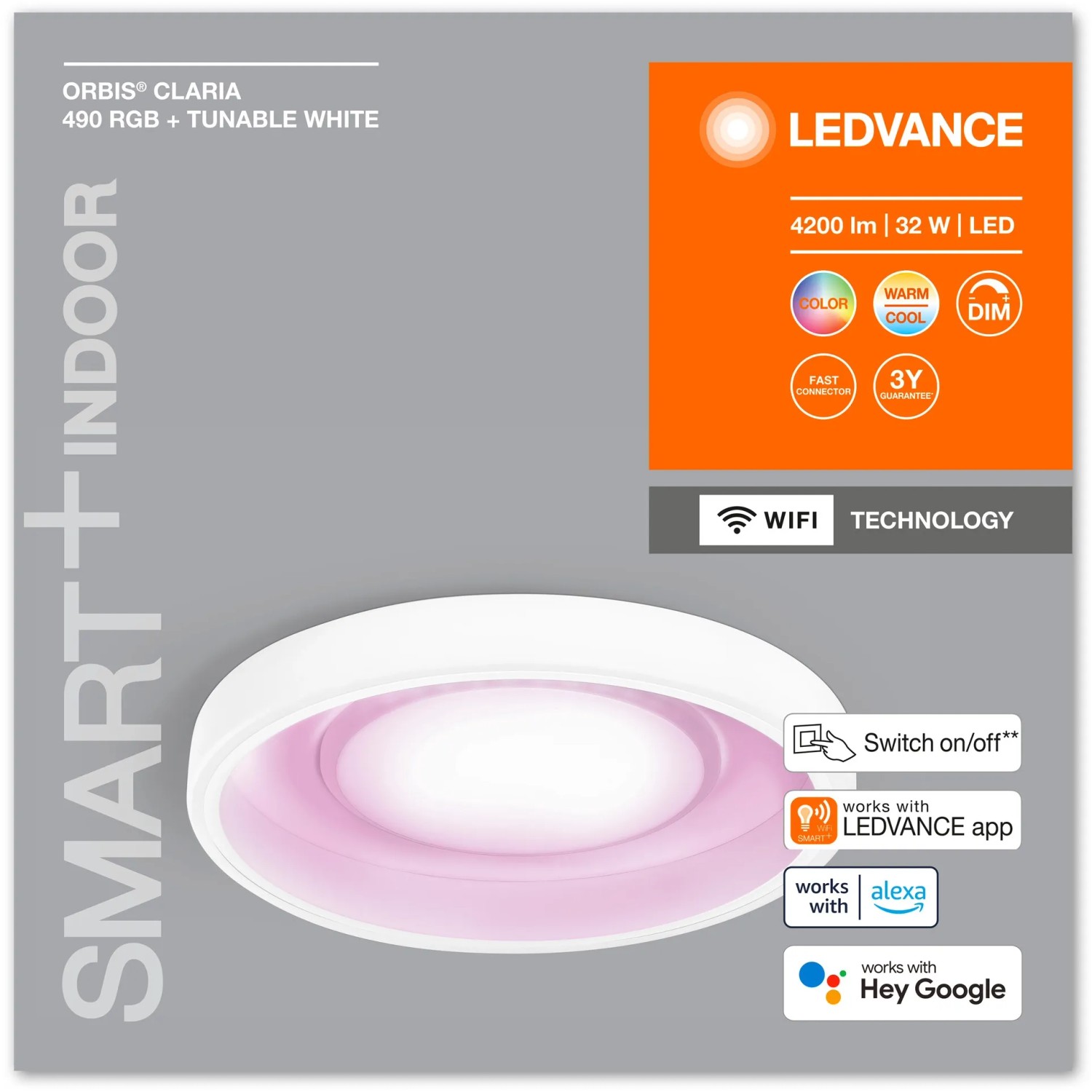 Ledvance Smart+ WiFi Deckenleuchte Orbis Claria RGBTW, Ø 49 cm, dimmbar und mit Farbwechsel.