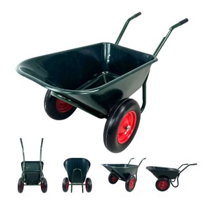 Grüne TRUTZHOLM Schubkarre mit 2 Rädern, 100L Volumen und roter Felge. Ideal für Garten und Bau.